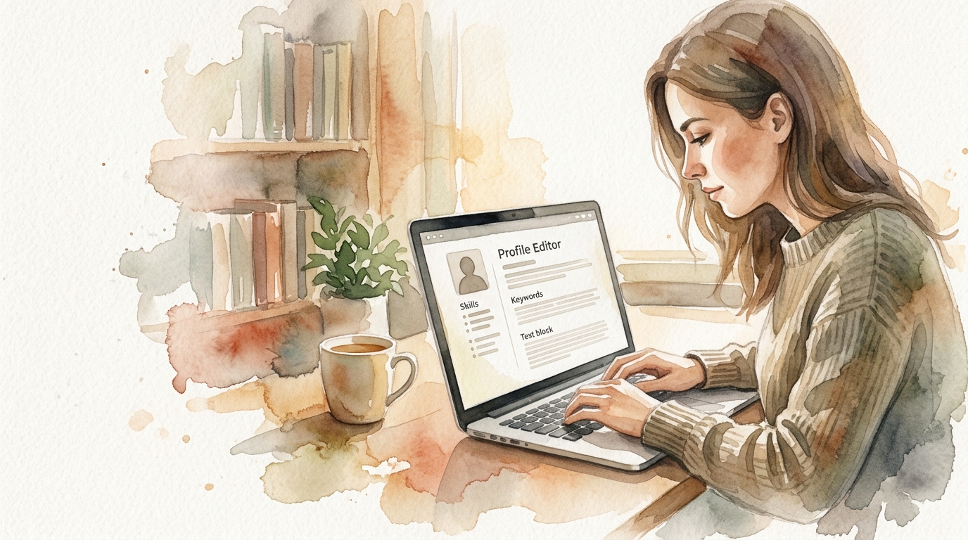 Business professional adding keywords to their LinkedIn profile summary on a laptop
