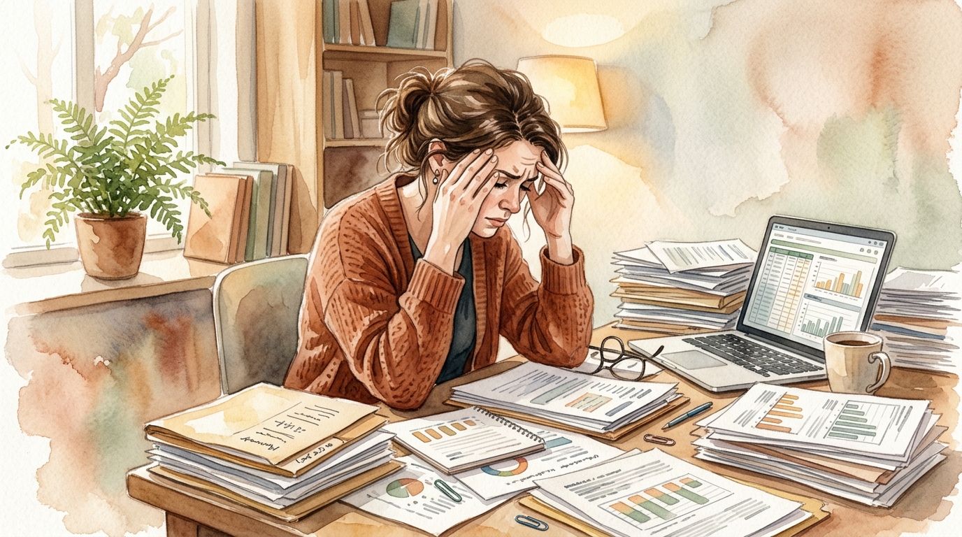 Frustrated sales rep surrounded by papers and spreadsheets at messy desk