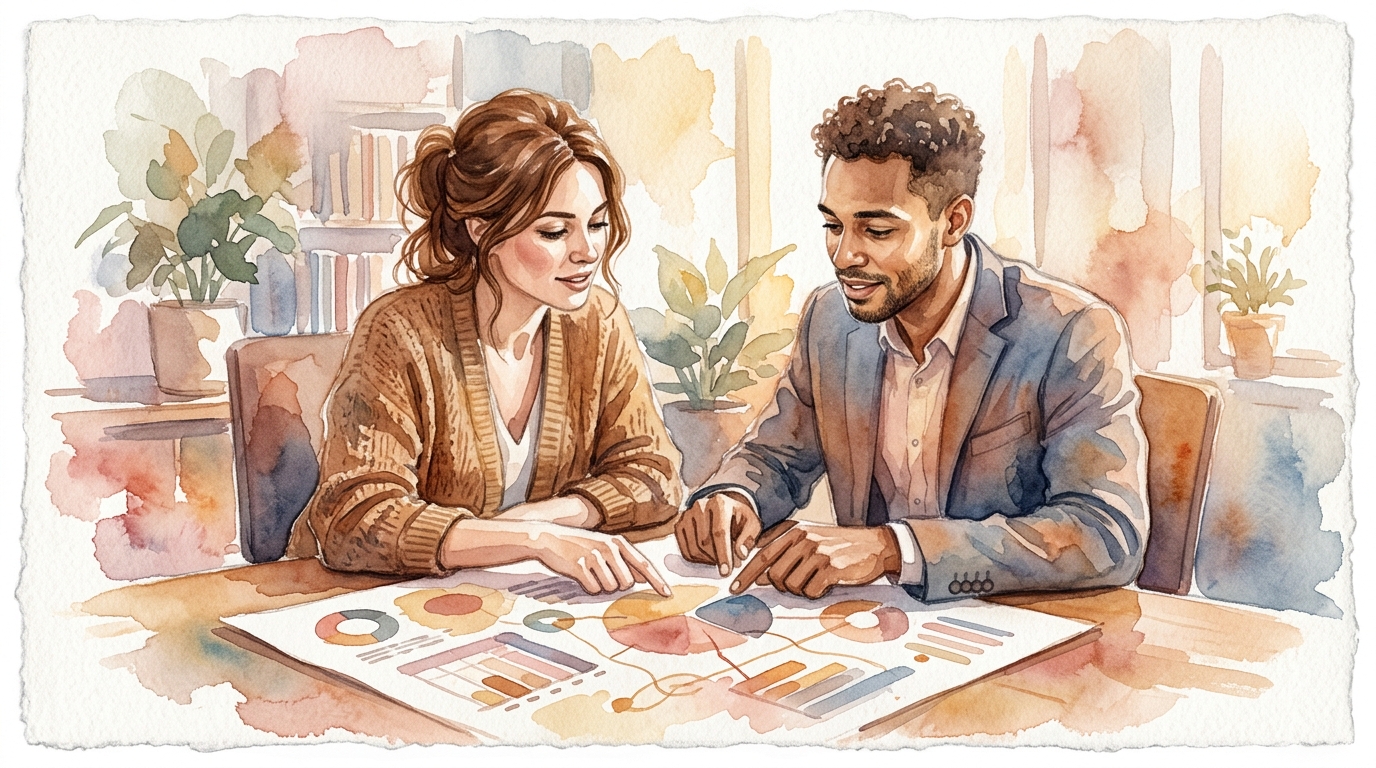 Two sales professionals examining customer profile data on a laptop screen
