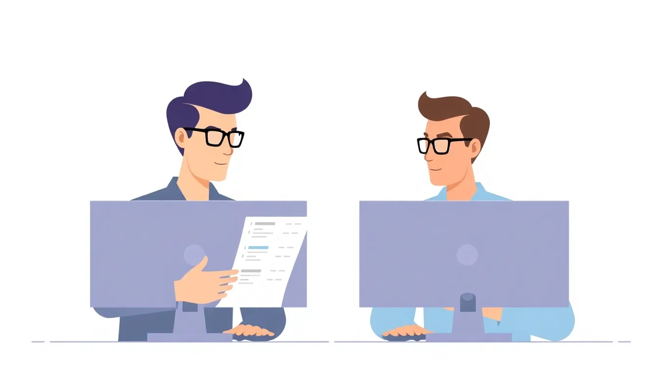 Two professionals reviewing lead lists on dual monitors, one with browser automation scripts visible