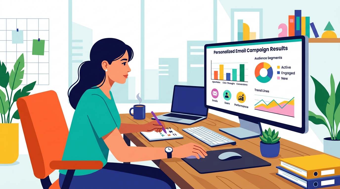 Marketer reviewing personalized email campaign results on a laptop