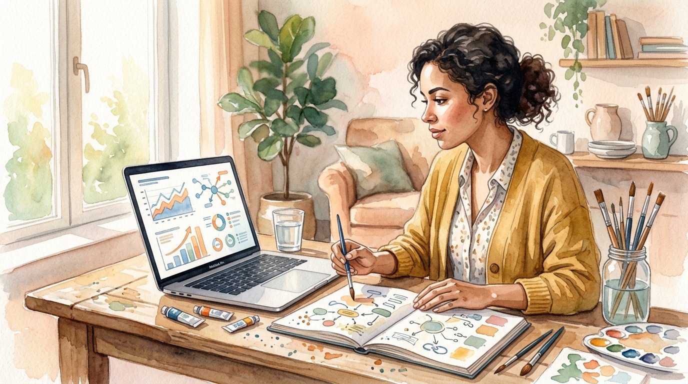 Marketer analyzing backlink profile on laptop, notebook and coffee on desk