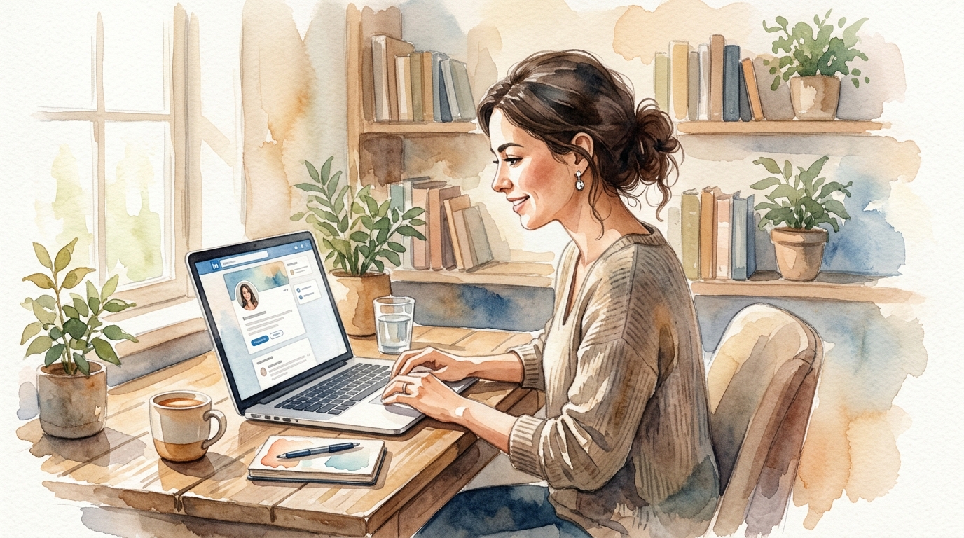 Professional woman updating LinkedIn profile on laptop in a well-lit office