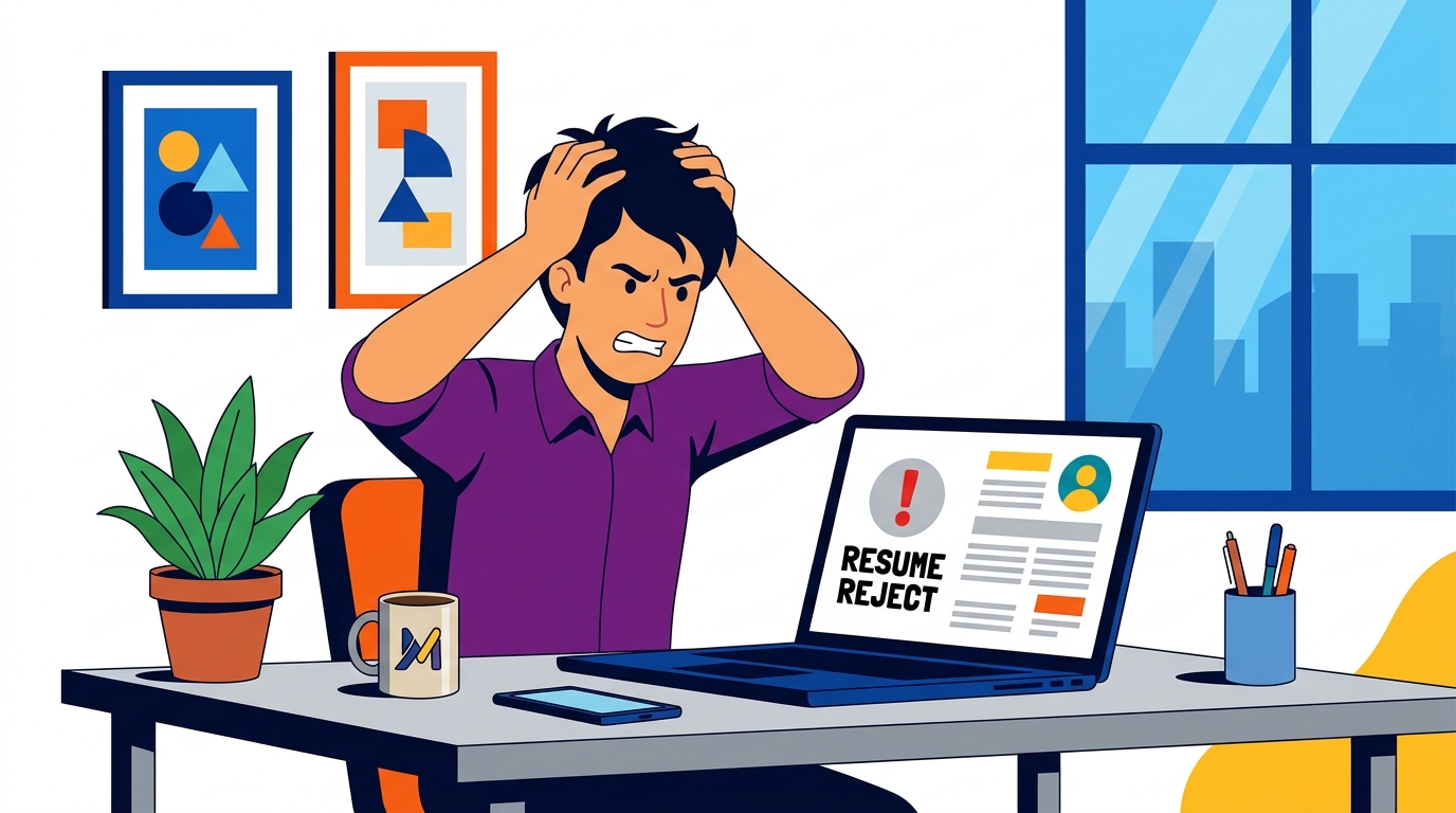 Person frustrated at desk with laptop displaying resume rejection message