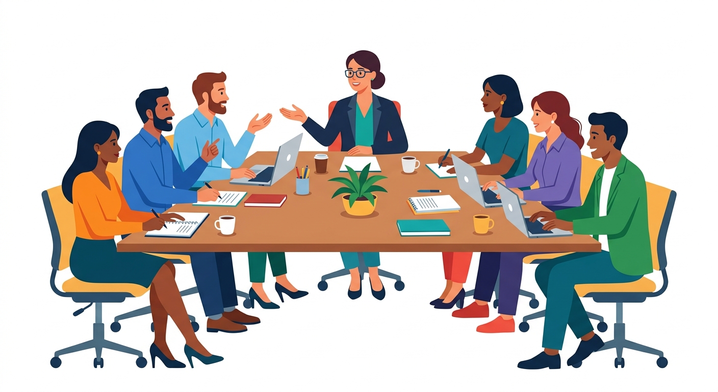 Group of professionals gathered around a conference table, laptops open, reviewing LinkedIn profiles on screens