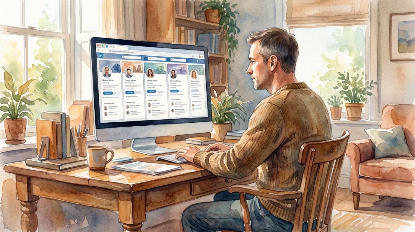 Man staring at multiple browser tabs open to LinkedIn profiles and outreach messages