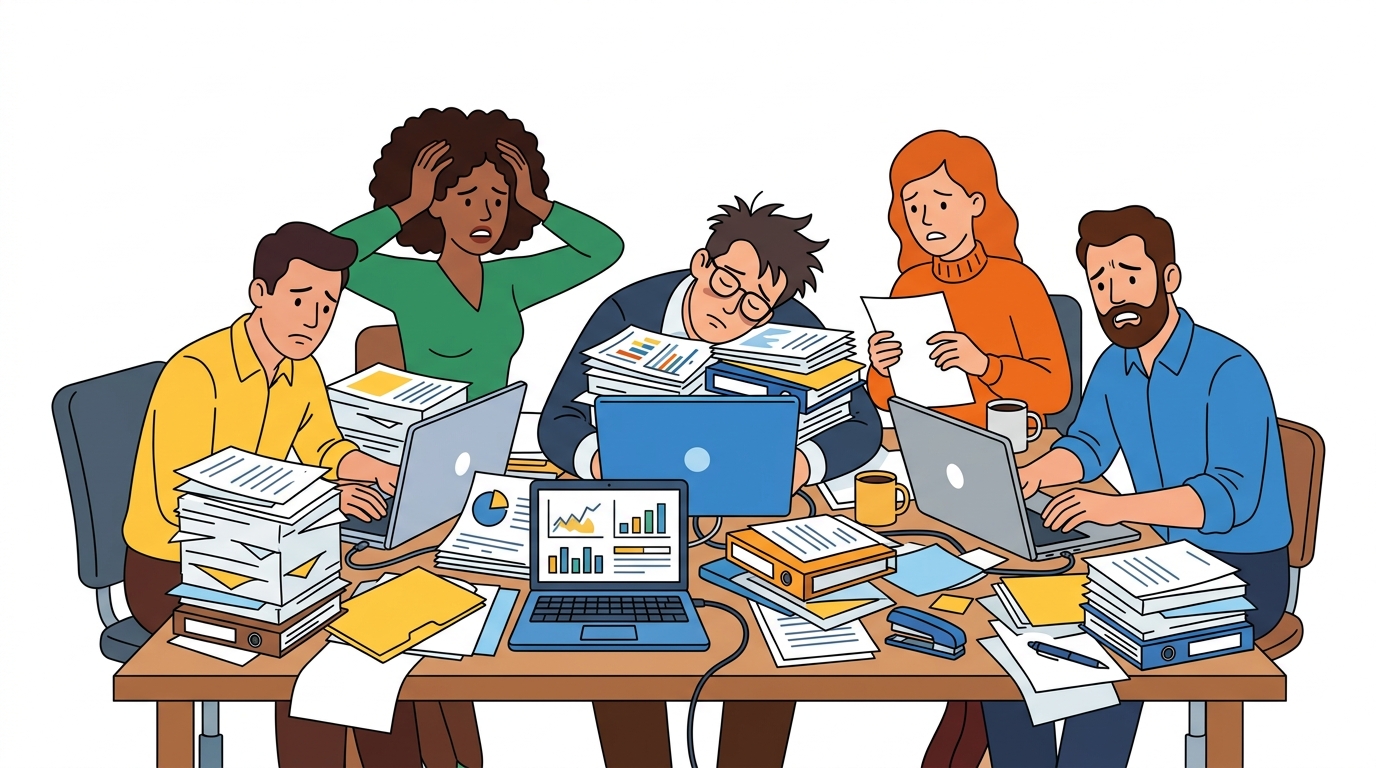 Team of marketers crowded around laptops, overwhelmed by paperwork and digital tabs