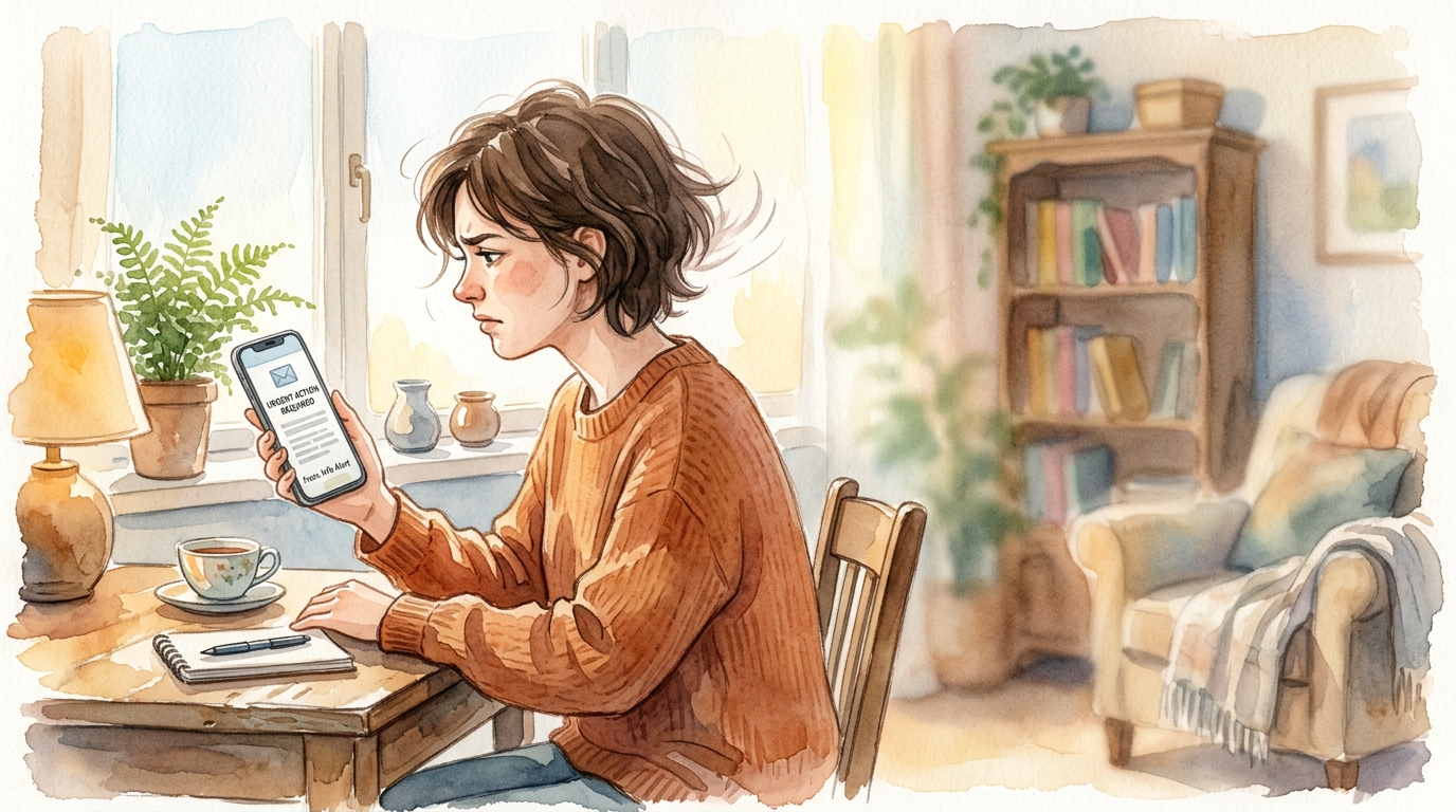 Person holding smartphone, shaking head at generic email, while open laptop shows a personalized email draft