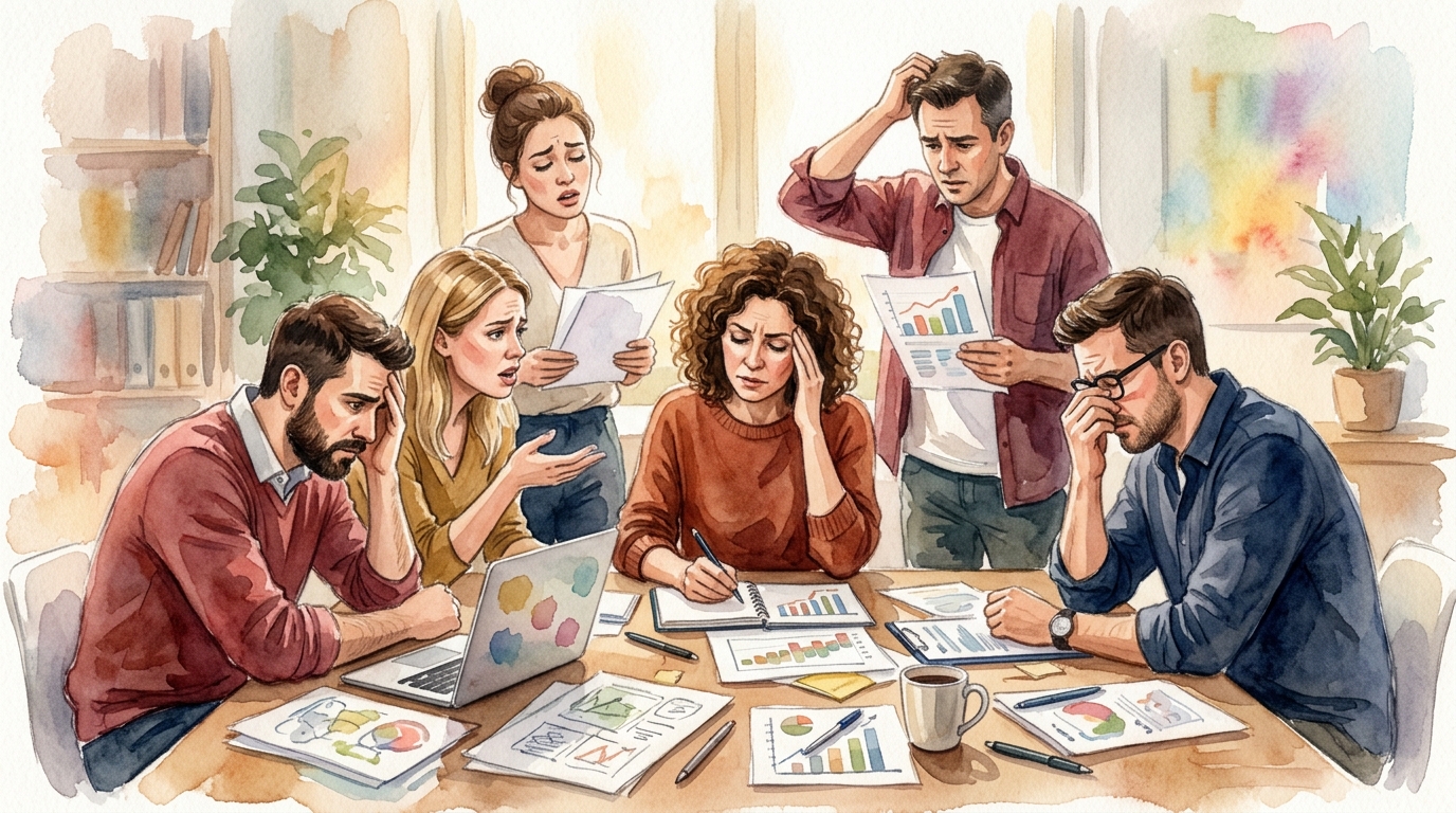 Marketing team gathered around a desk, looking stressed with content calendars and laptops