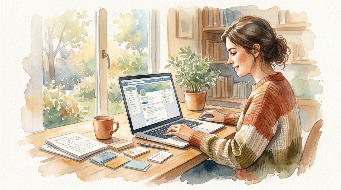 Marketer using LinkedIn on a laptop with lists of business contacts visible