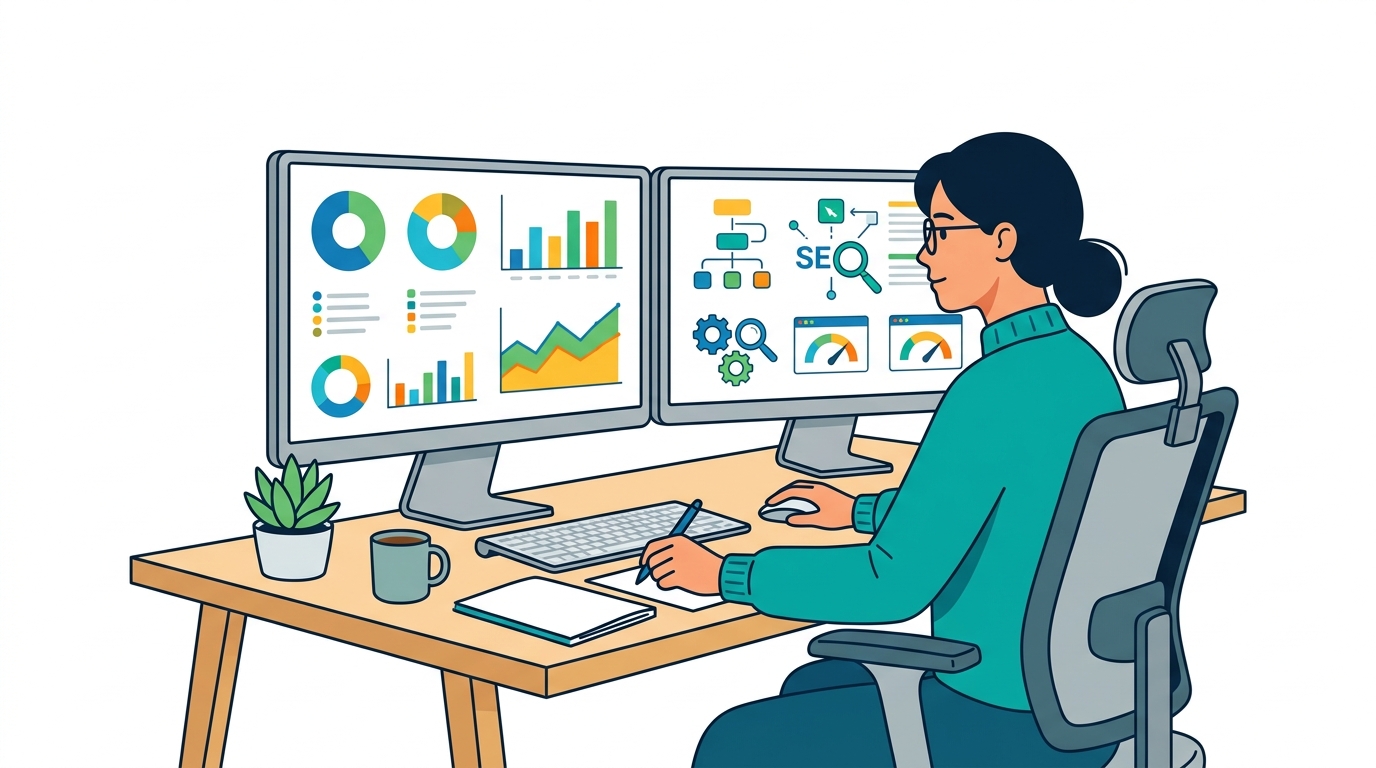 Digital marketer analyzing website audit report on dual monitors