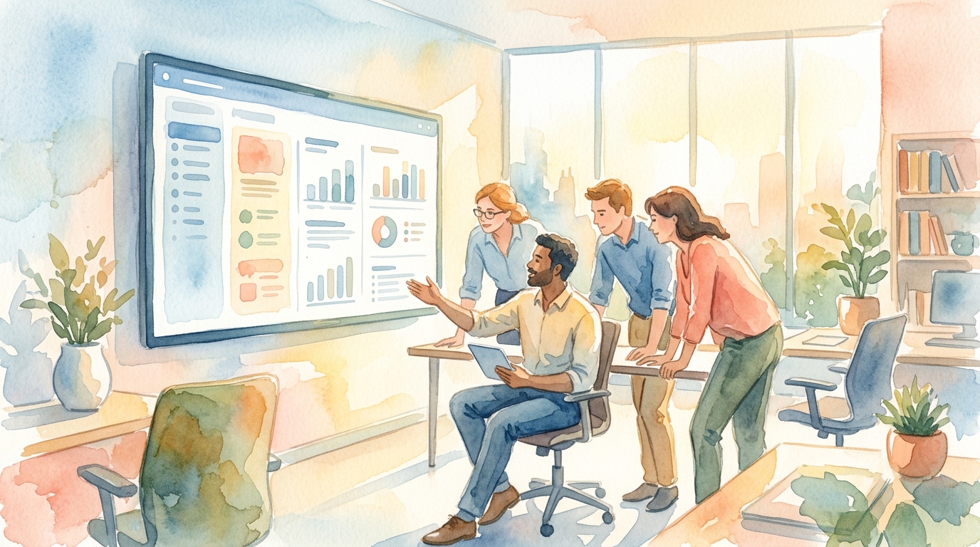 Sales team reviewing leads on a large monitor in a bright office