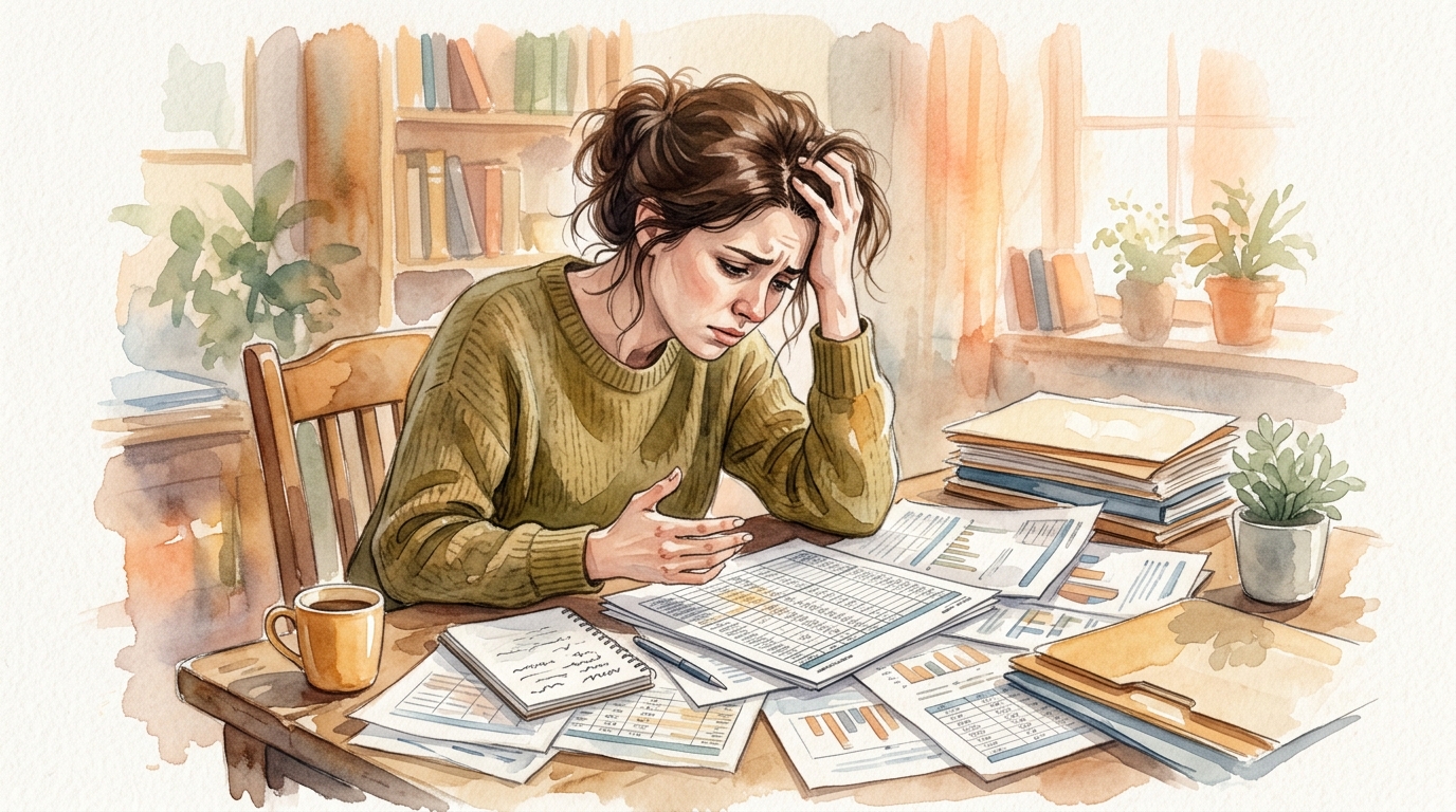 Frustrated marketing manager looking at scattered spreadsheets and CRM dashboard