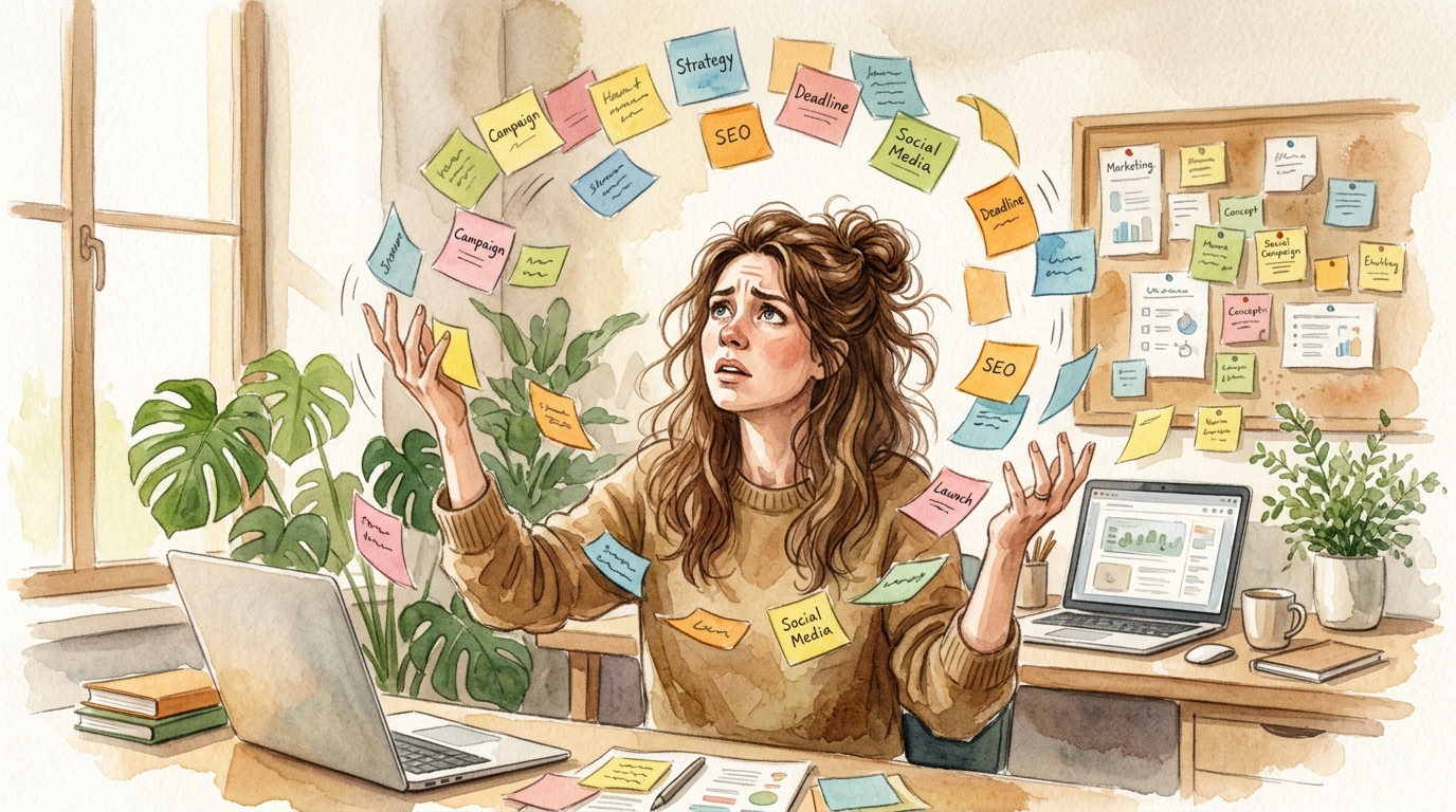 Marketer looking stressed while juggling sticky notes and a laptop with spreadsheets