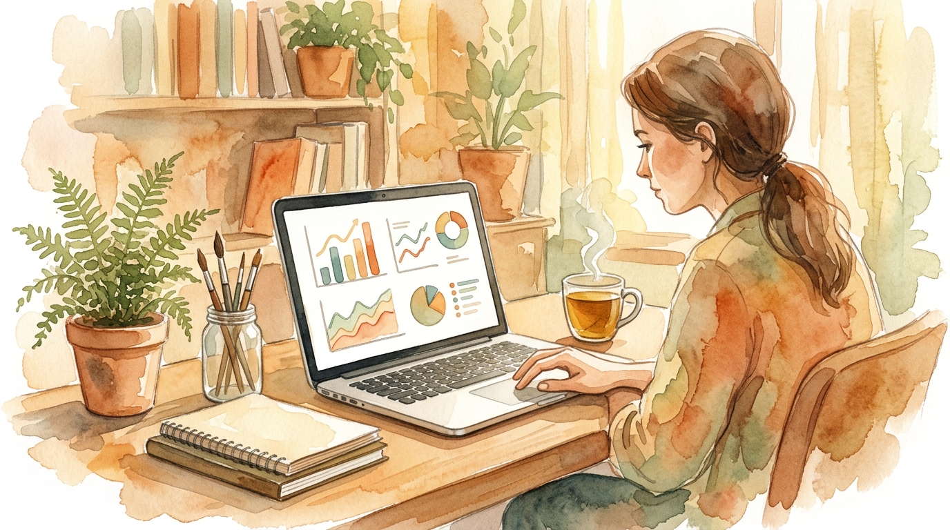 Marketer analyzing website analytics dashboard on a laptop with graphs visible