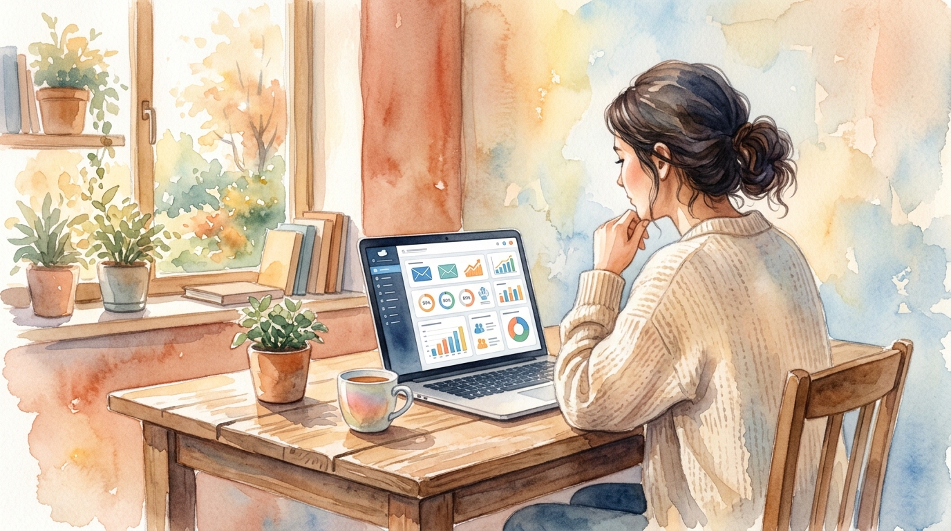 Person at laptop reviewing email tracking dashboard showing opens and clicks