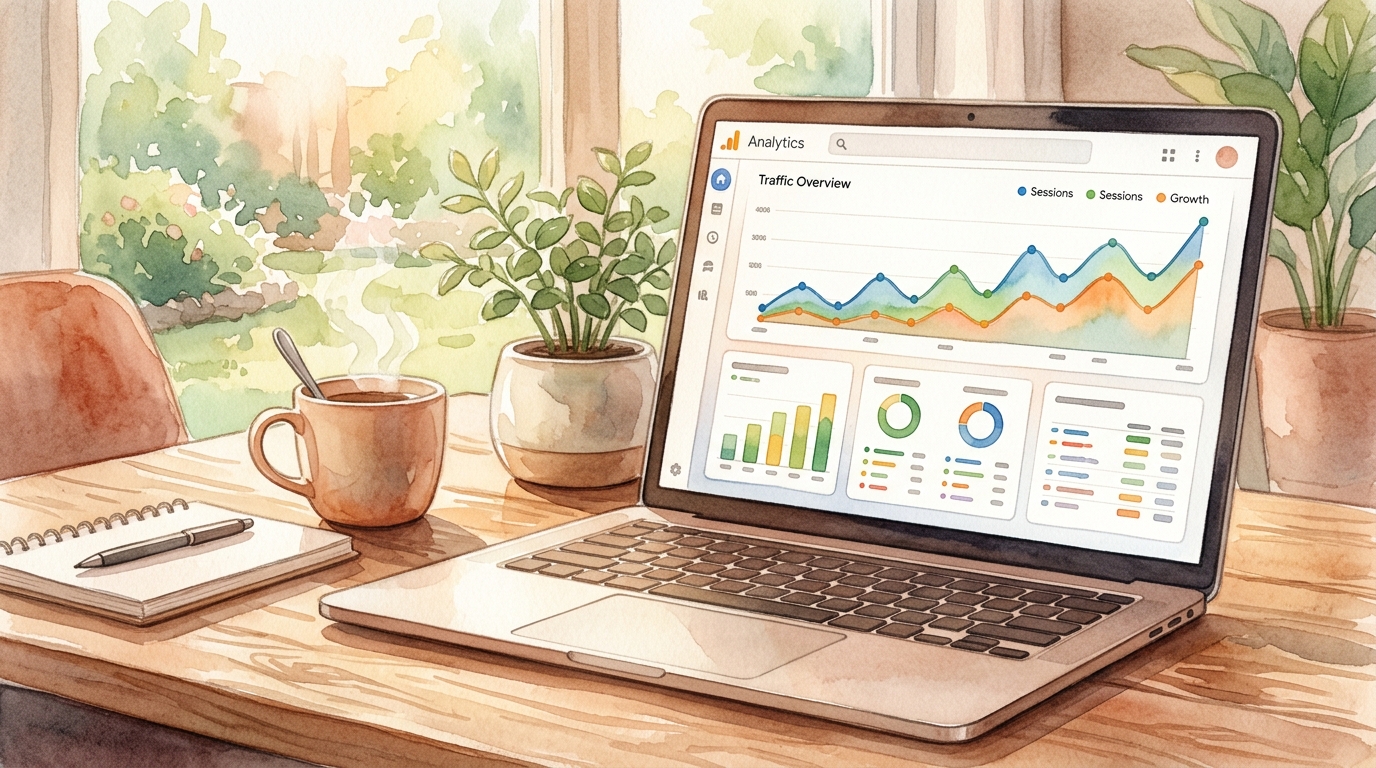 Laptop showing Google Analytics dashboard with traffic growth chart