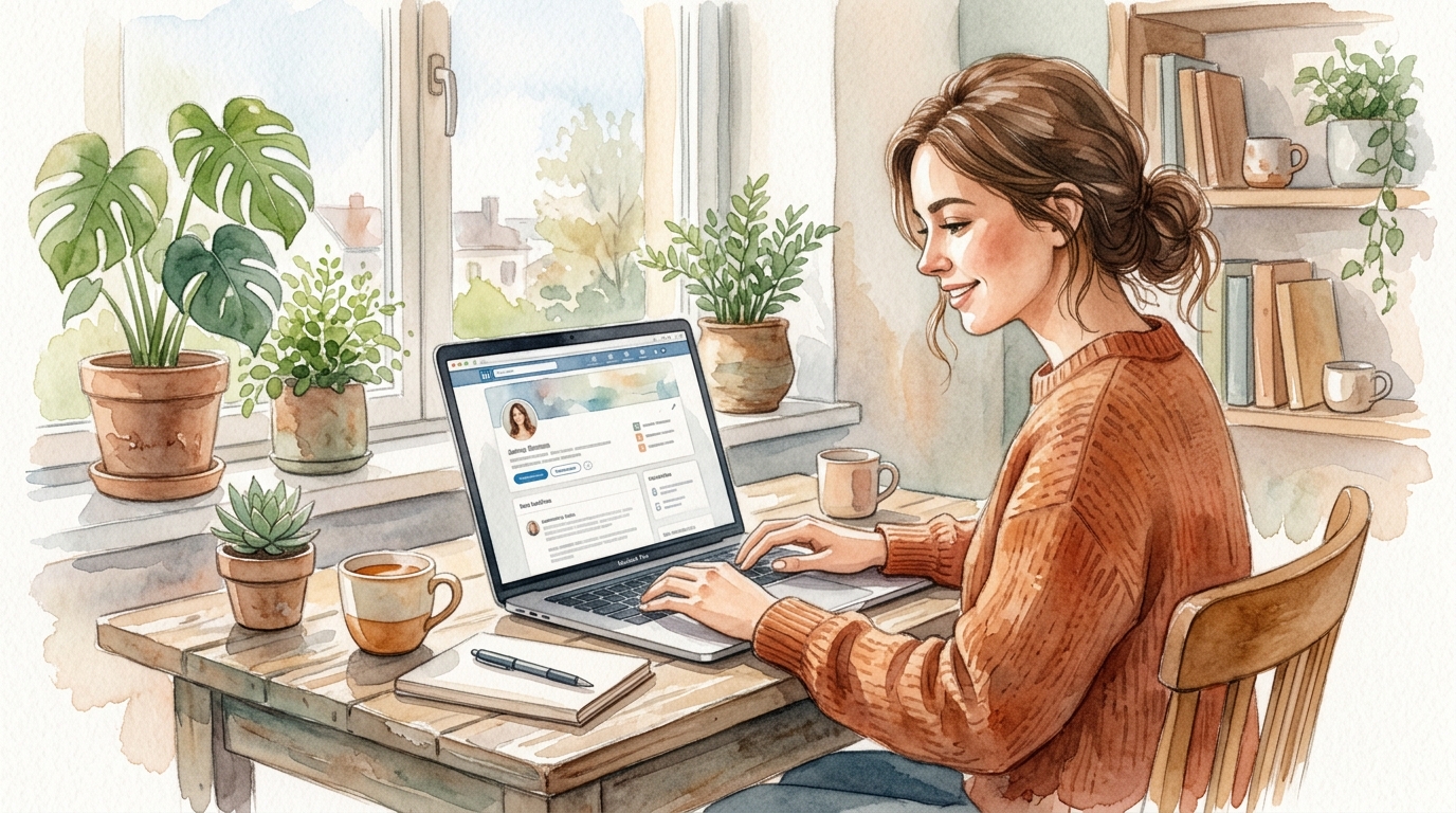 Young professional updating LinkedIn profile on a laptop at a coworking space