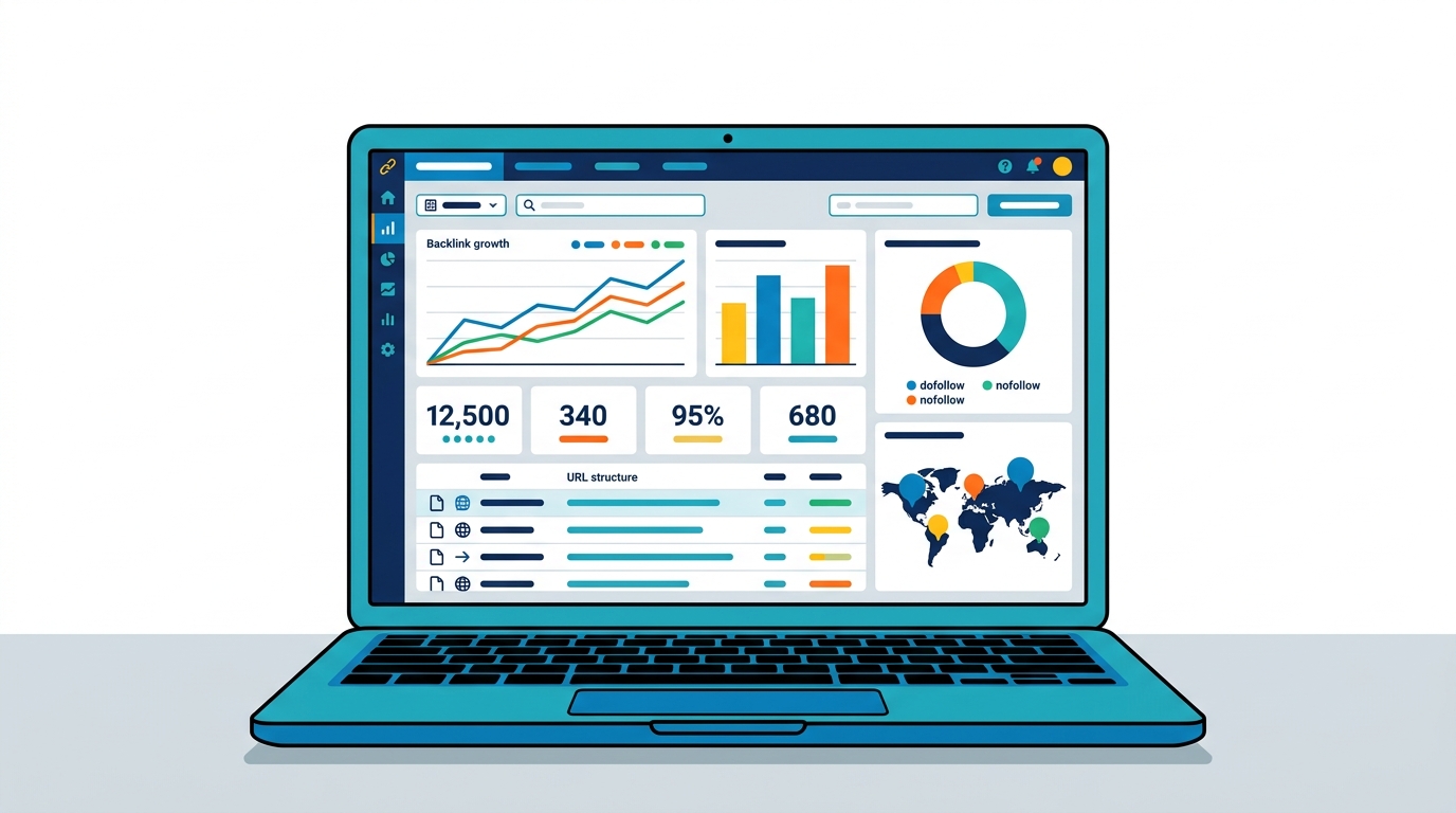 Laptop showing backlink analytics dashboard on screen