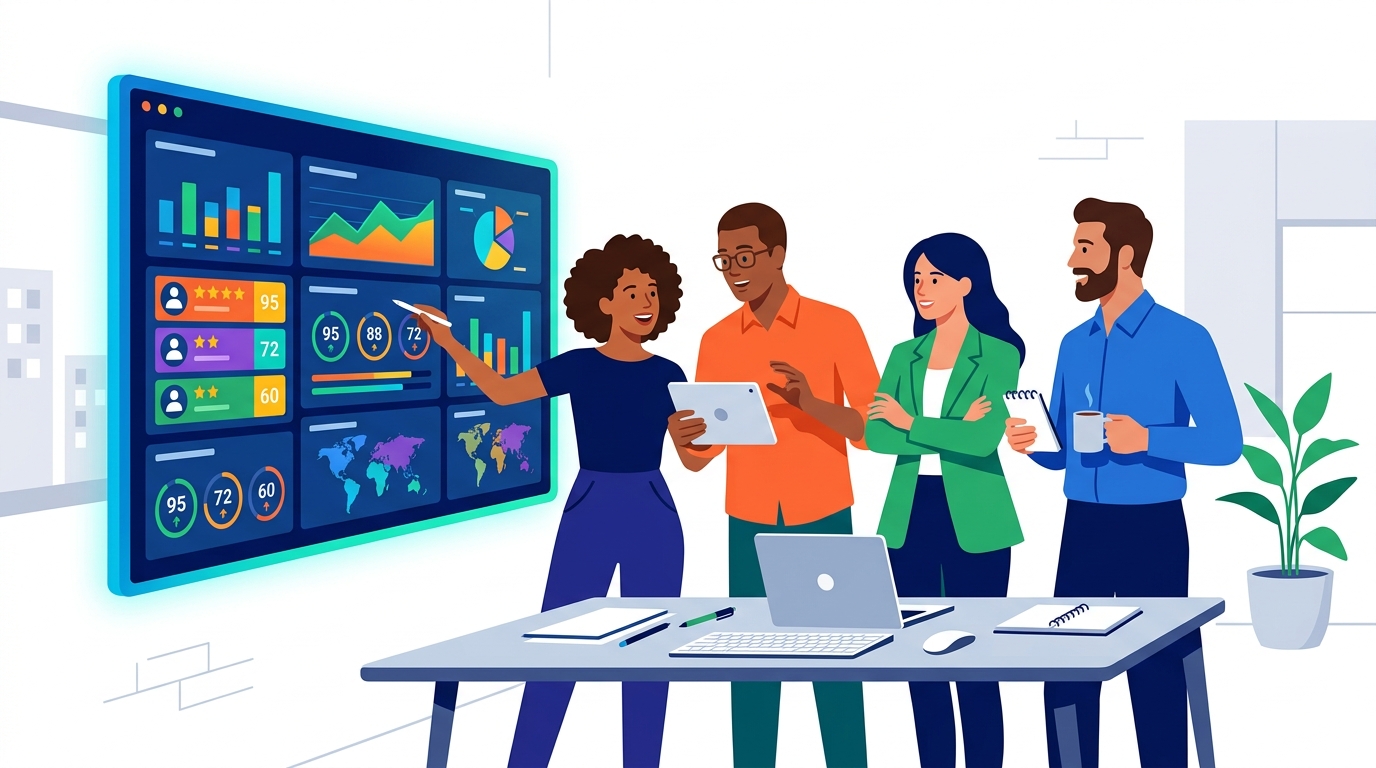 Sales team reviewing automated dashboard with lead scores and notifications