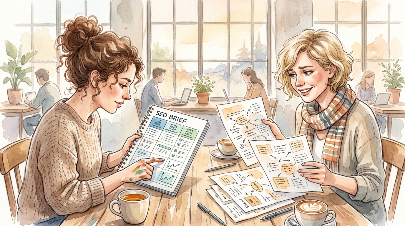 Two marketers comparing a detailed SEO brief and a scattered, vague brief on a meeting table