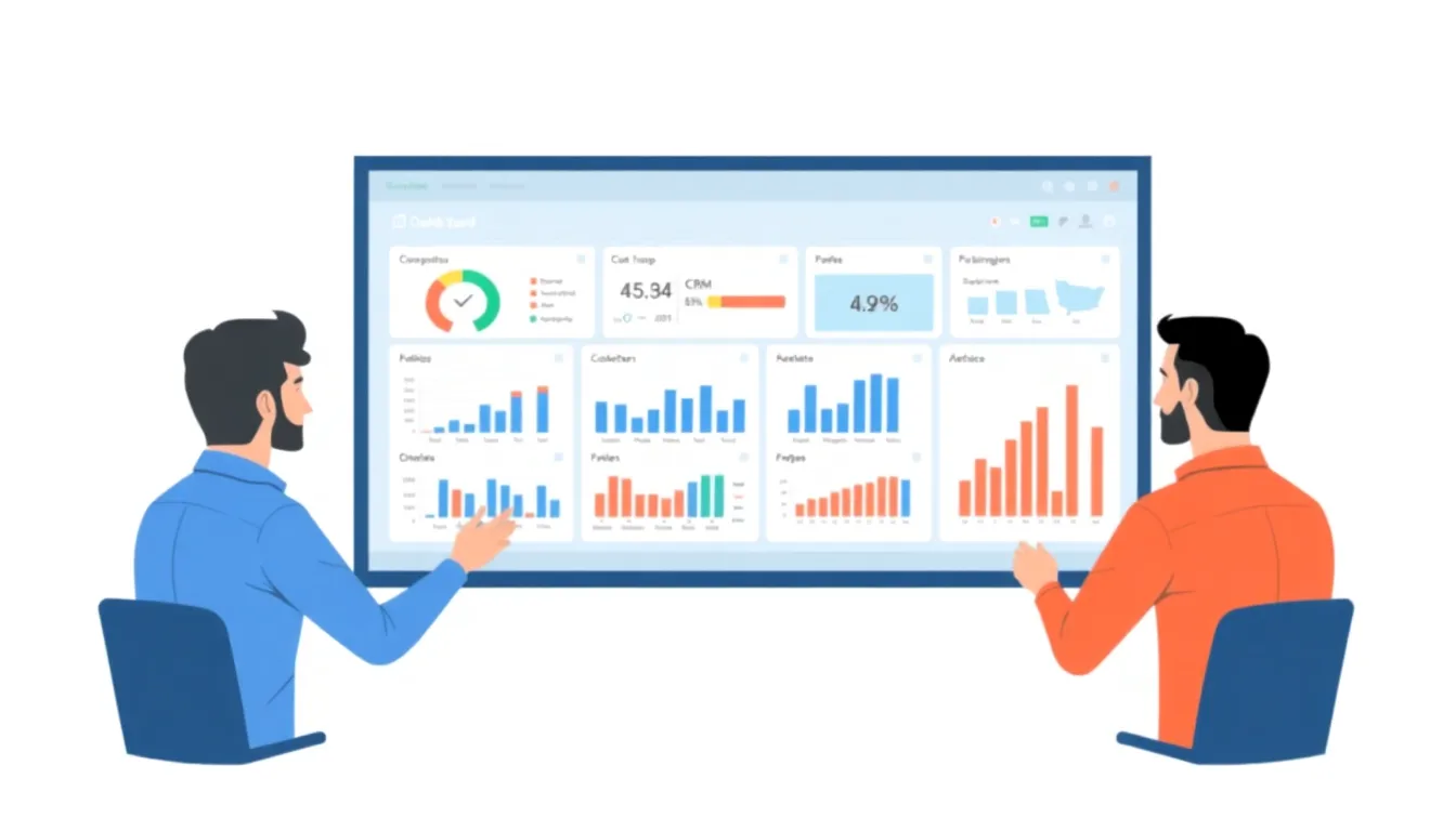 Two coworkers viewing a CRM dashboard on a large monitor