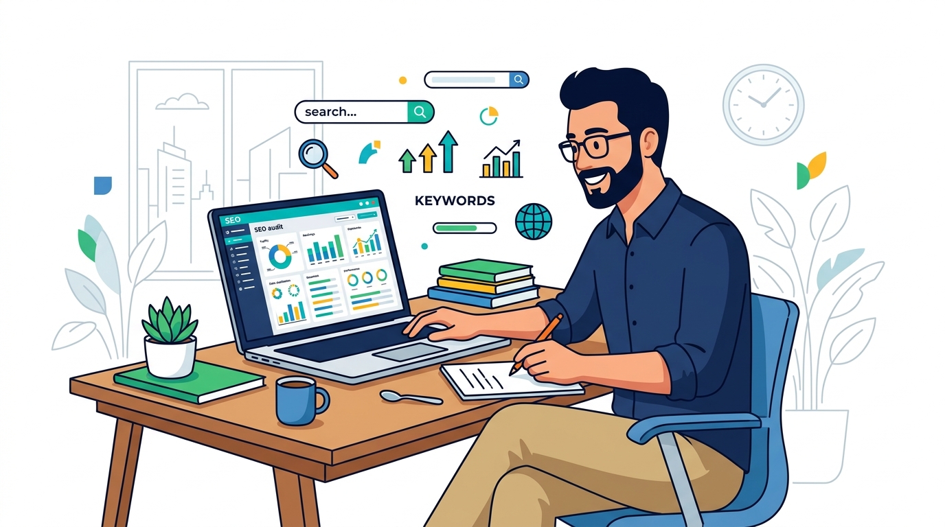 Digital marketer reviewing an SEO audit dashboard on a laptop in a modern office