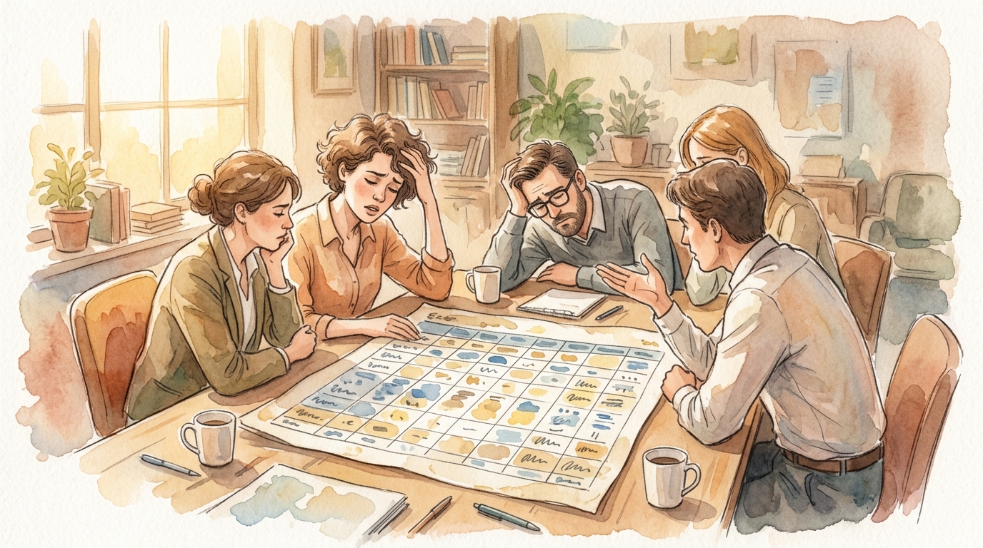 Frustrated sales team reviewing an outdated spreadsheet of leads