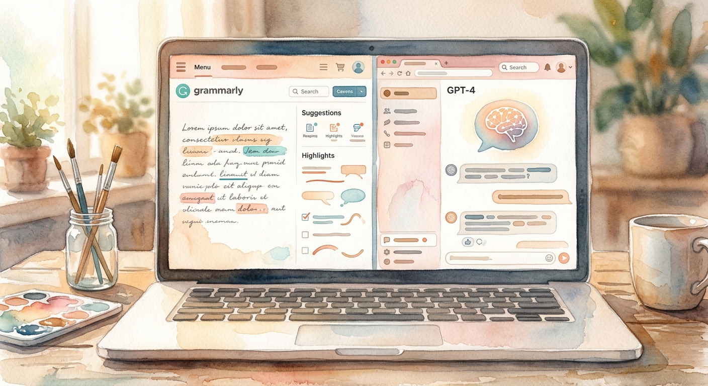 Laptop screen showing Grammarly and GPT-4 interfaces side by side