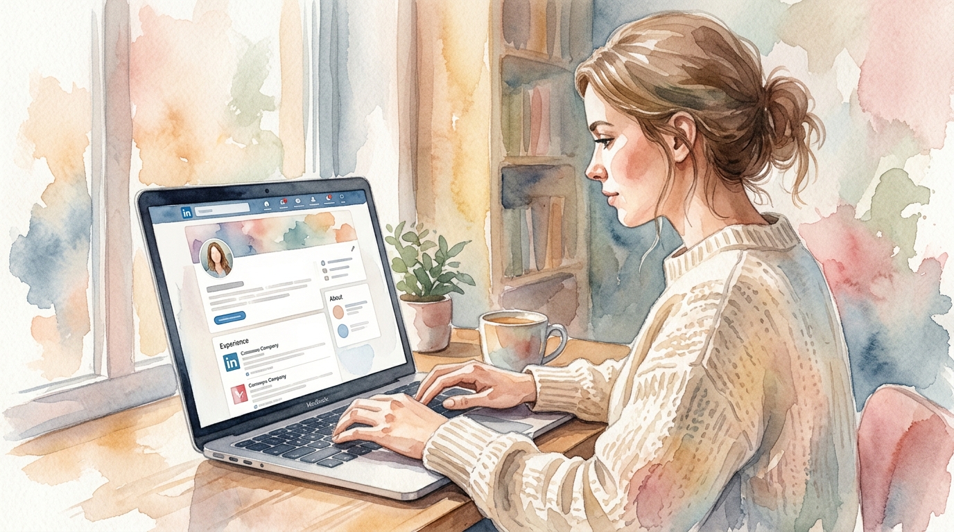 Woman typing on MacBook with LinkedIn profile on screen