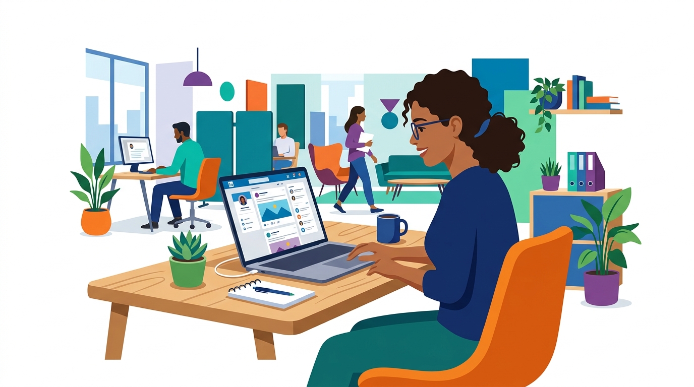 Person scrolling LinkedIn feed on laptop at modern office desk