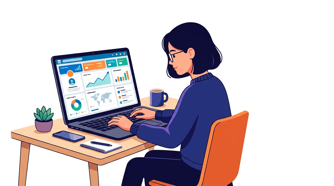 Person using laptop with LinkedIn analytics dashboard on screen