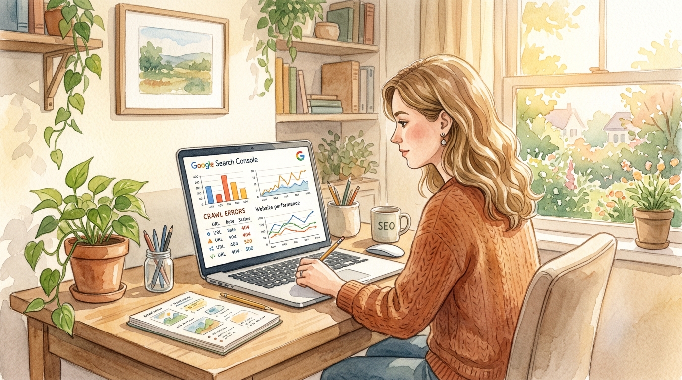 SEO specialist analyzing Google Search Console crawl errors on desktop monitor