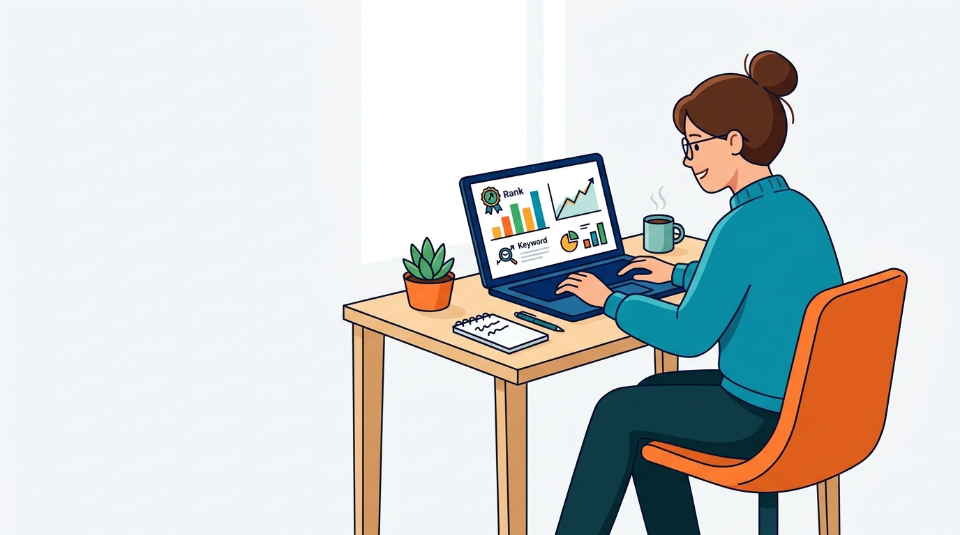 Person running an SEO audit on a laptop with graphs and ranking charts on screen