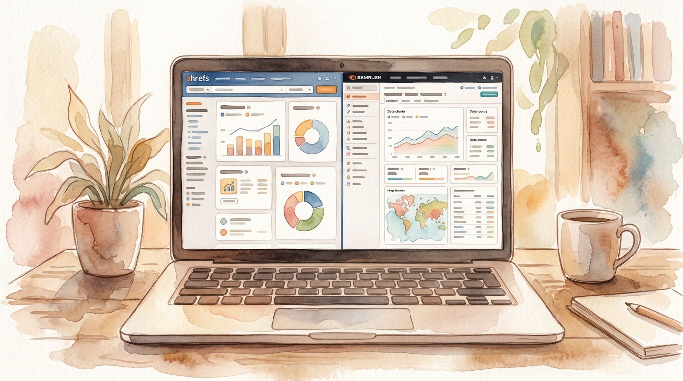 Laptop showing side-by-side dashboards of Ahrefs, Semrush, and WhatsMySerp