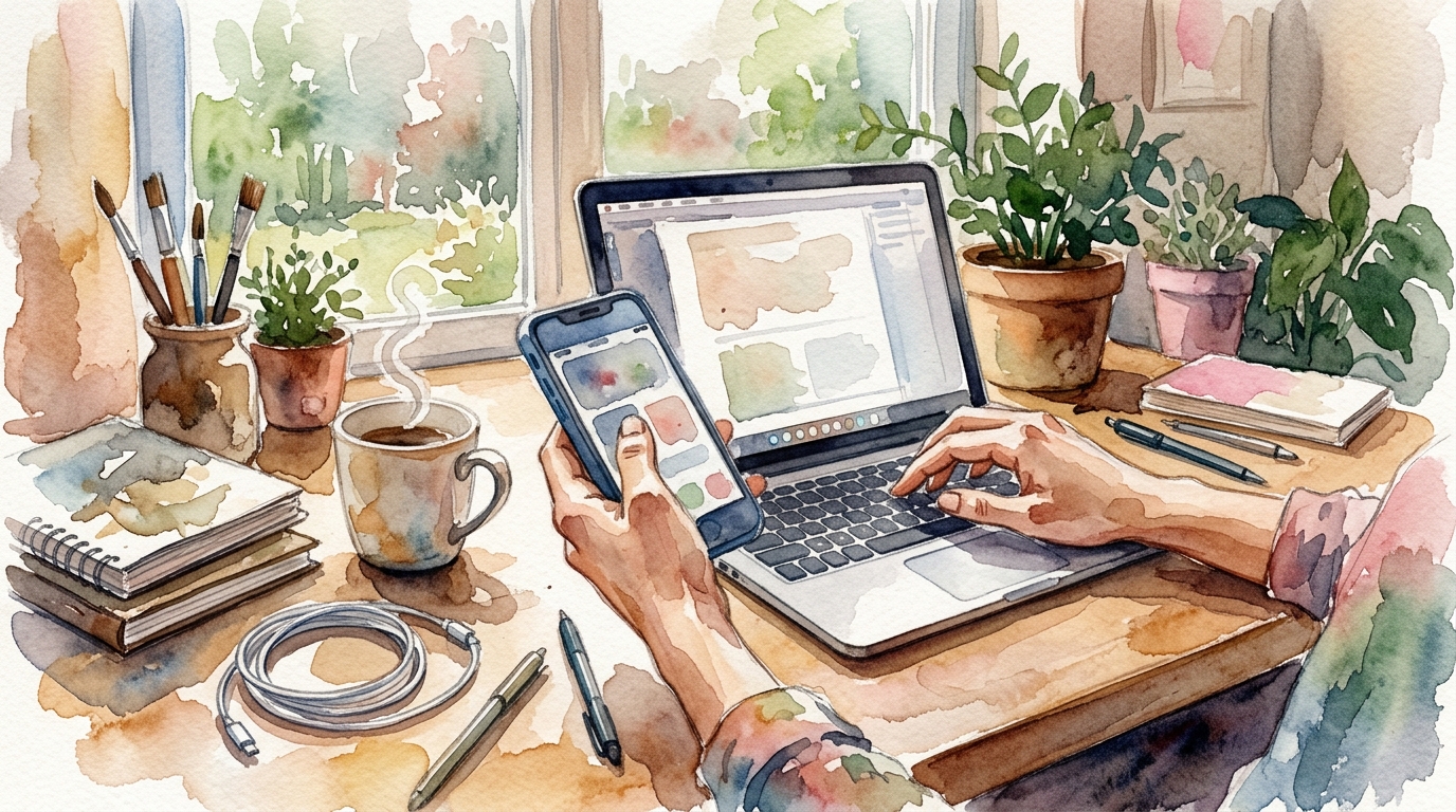 Hands multitasking with smartphone and laptop at a cluttered desk, LinkedIn logo visible on screen