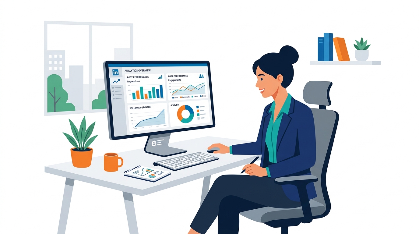Professional at a modern desk reviewing LinkedIn analytics on a laptop screen