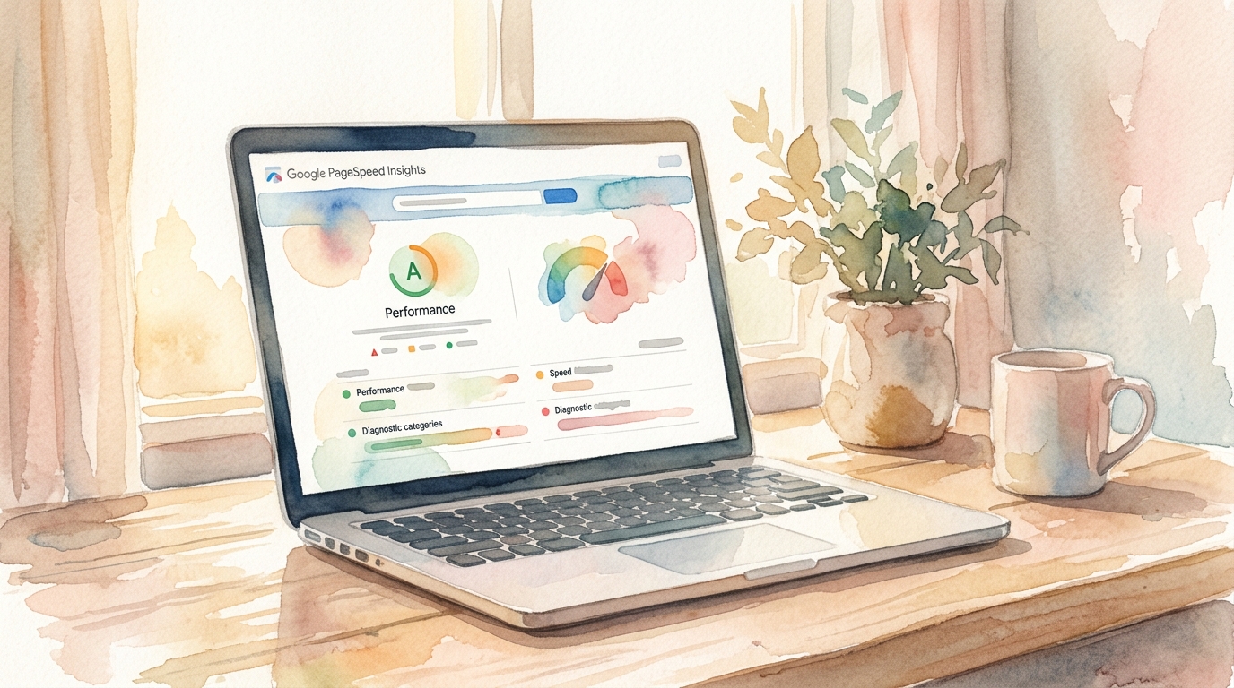 Laptop showing Google PageSpeed Insights report on screen