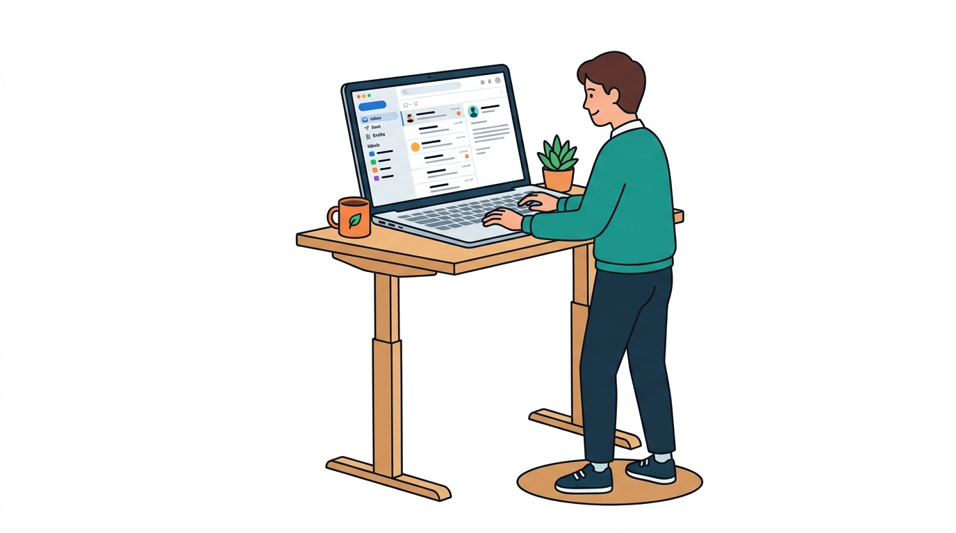 Person at standing desk using laptop with email dashboard on screen