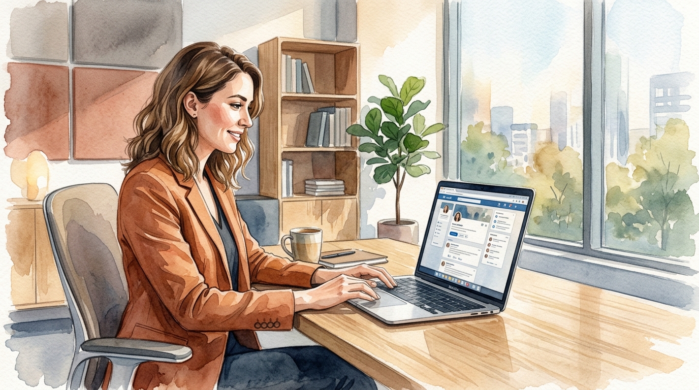 B2B professional scrolling LinkedIn feed on laptop at modern workspace