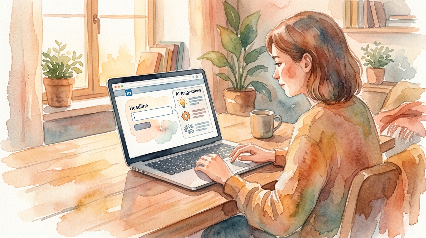 Person updating LinkedIn headline on laptop, AI suggestions on screen