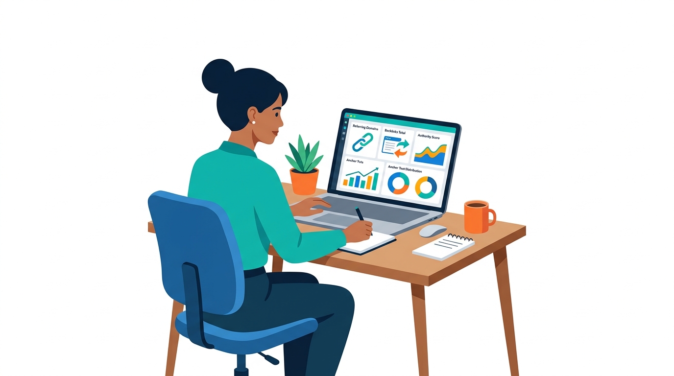Person analyzing backlink profile dashboard on laptop