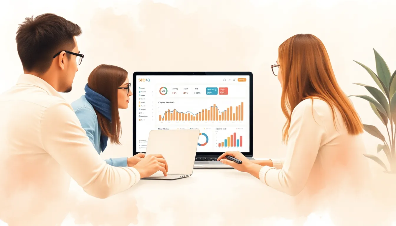 Marketing team reviewing SEO dashboard on laptop in modern office