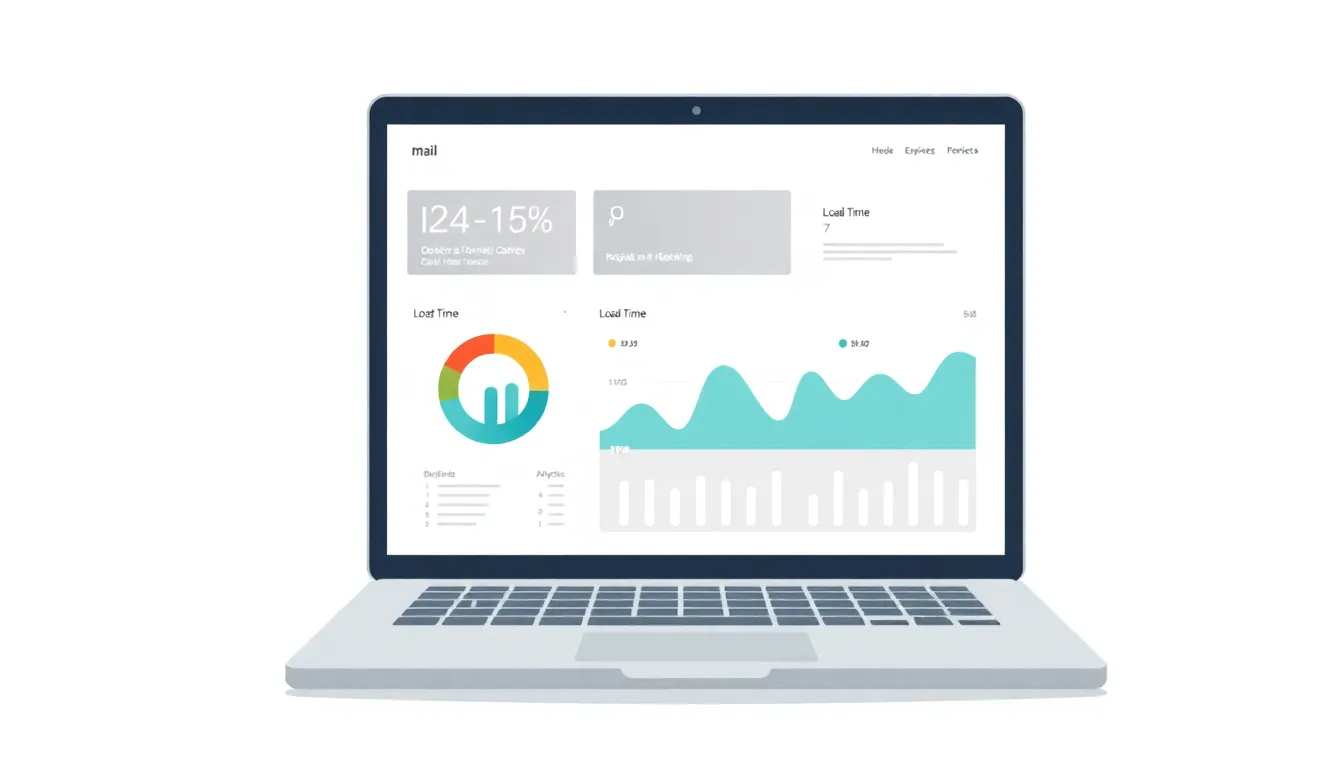 Laptop showing web analytics dashboard with "Load Time" and "Conversion Rate" charts visible