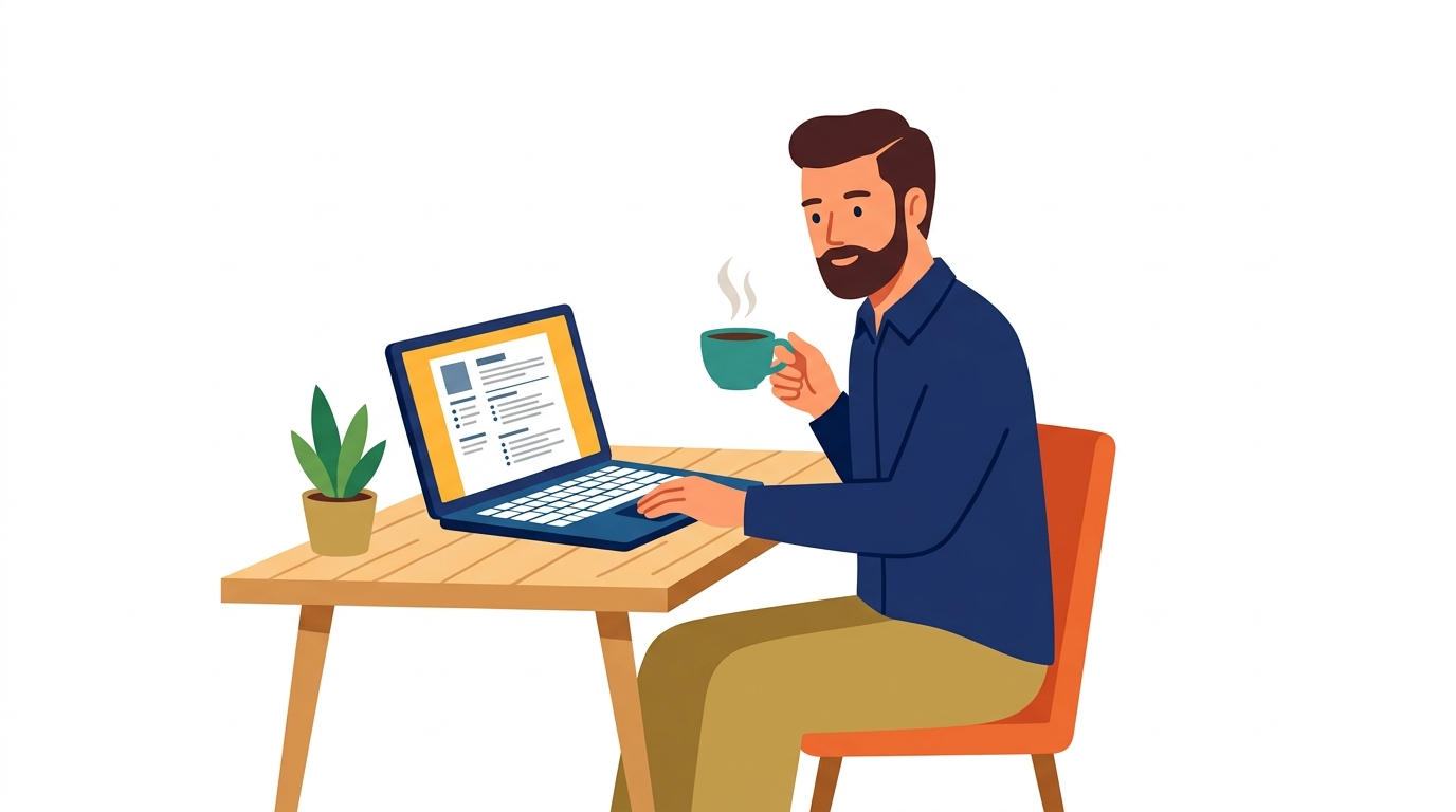 Man reviewing a resume draft on laptop, coffee cup in hand, sunlight streaming through office window
