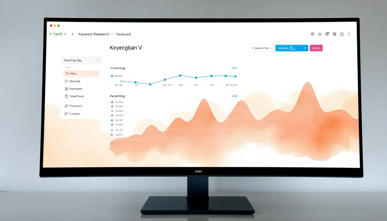 Desktop monitor displaying keyword research dashboard with volume and competition columns