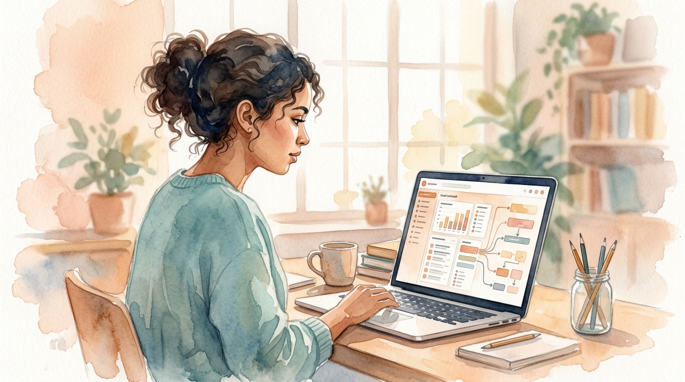 Professional at laptop viewing email outreach sequence dashboard