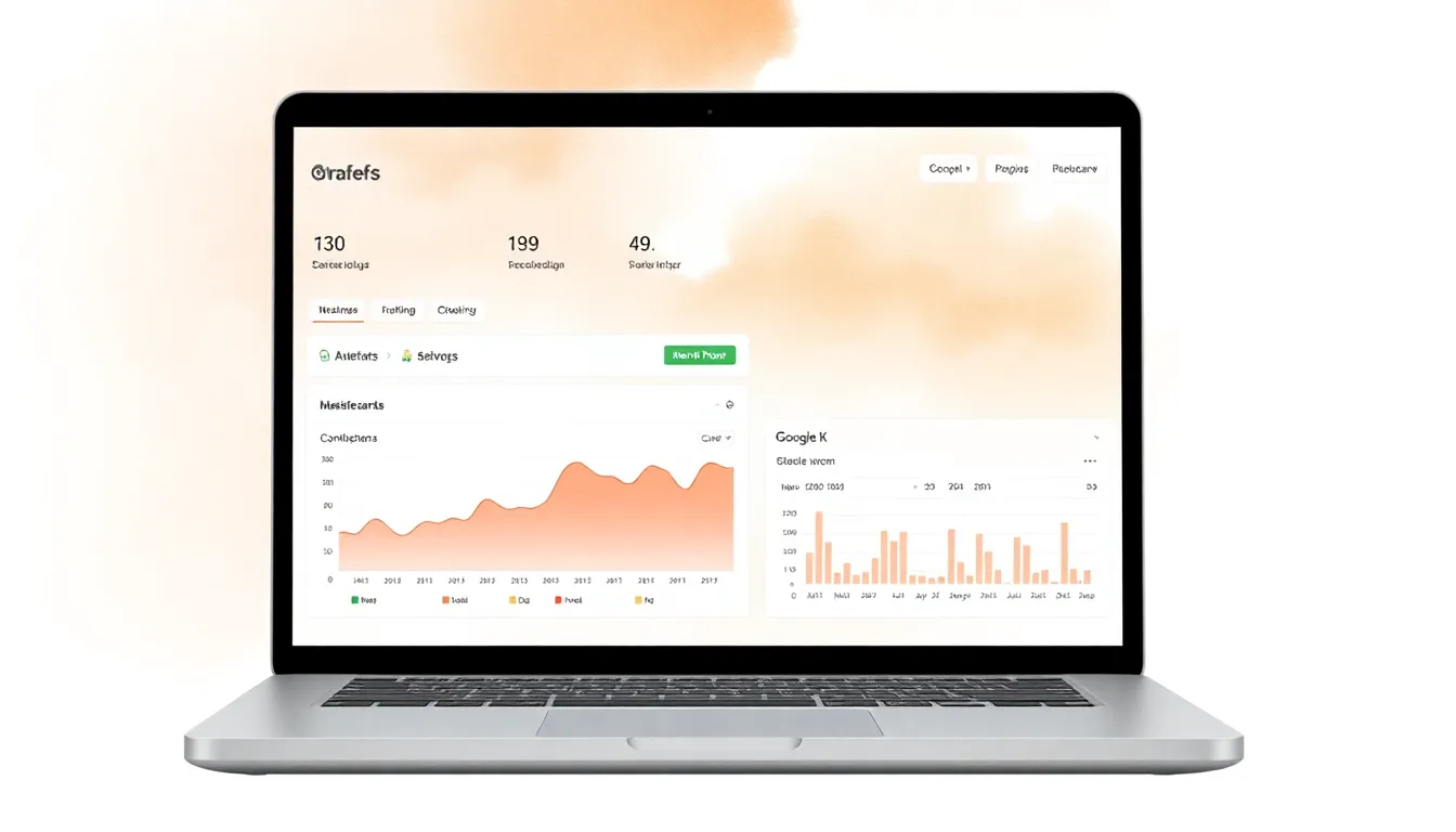 Laptop showing a dashboard comparison of Ahrefs, SEMrush, and Google Keyword Planner