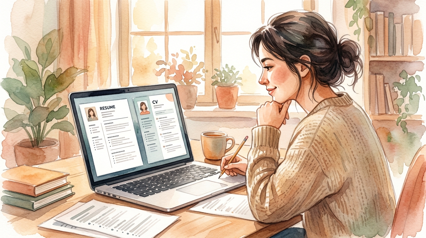 Person reviewing two versions of a resume on a laptop, making edits