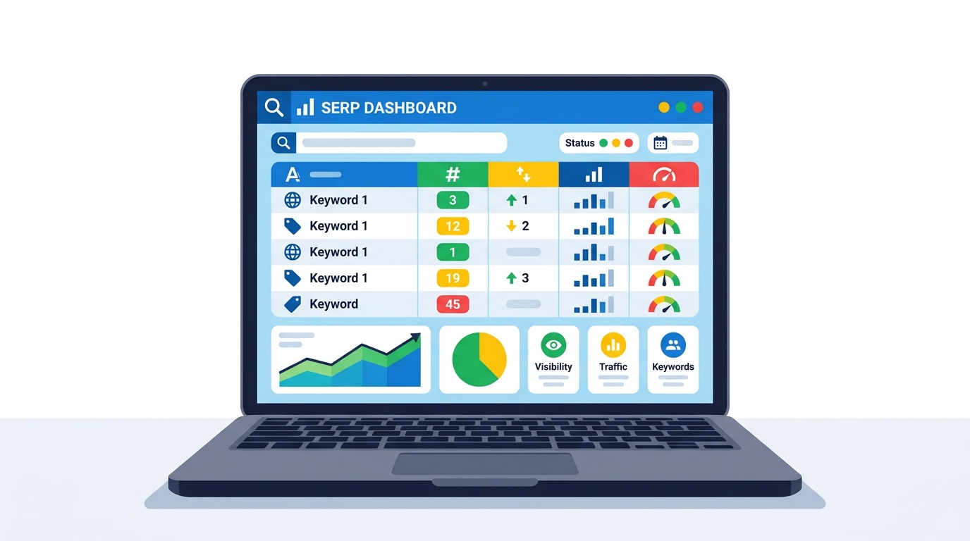 Laptop showing SERP checker dashboard with keyword rankings chart